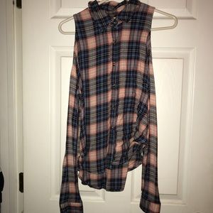 Pink and Blue Cold Shoulder Flannel